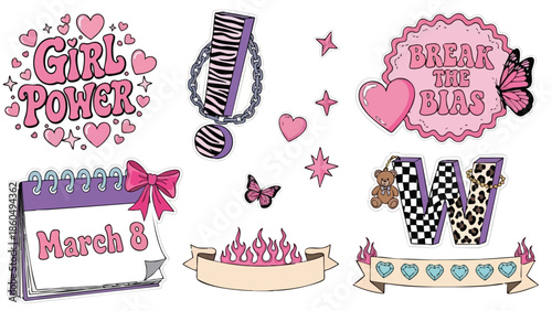 Cute flat design girl power badges and icons with pink hearts and leopard pattern celebrating international womens day march 8 in playful colorful vector style