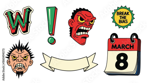 Colorful vector art angry male faces shouting with spiked hair exclamation mark and calendar showing march 8 feminist international womens day celebration flat design elements