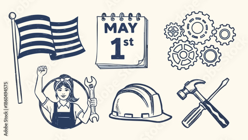 Flat design mechanic woman raising fist holding wrench with safety helmet calendar showing may 1st labor day gears and crossed hammer screwdriver industrial work tools vector illustration