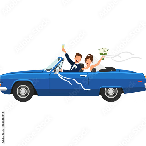 Newlywed couple celebrating their wedding day in a classic blue convertible car.