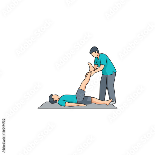 Physical therapist assisting a patient with leg exercises on a mat.