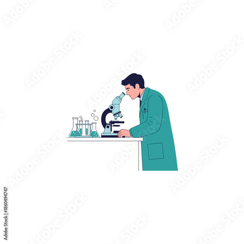 Scientist working in a laboratory with a microscope and test tubes.
