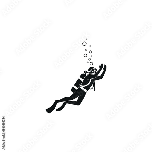 Scuba diver swimming underwater, professional diving icon, black vector illustration with air bubbles