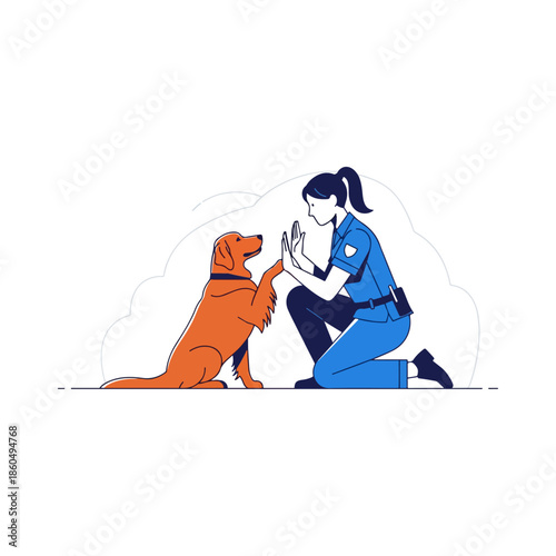 Professional female police officer giving a high-five to a loyal golden retriever, demonstrating strong partnership.