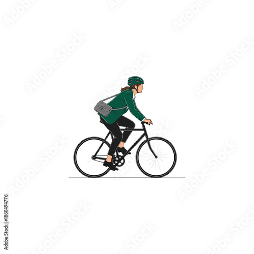 Stylish woman cyclist wearing helmet and messenger bag, riding a black bicycle for urban commute.