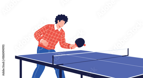 Skillful man wearing a red plaid shirt is focused on playing a game of table tennis over a blue ping pong table.