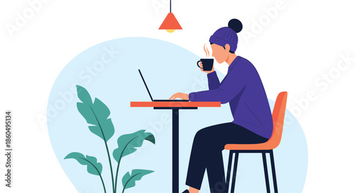 Focused young person working on a laptop while drinking coffee in a cozy cafe setting surrounded by plants in a flat vector style art.