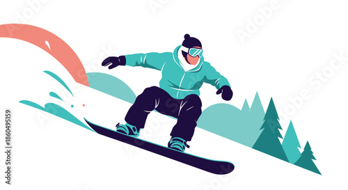 Dynamic illustration of a snowboarder jumping and performing a trick on a snowy mountain slope with pine trees in a modern vector style.