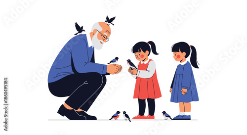 Kind grandfather sitting with his two granddaughters and feeding birds in a park in a sweet scene of family bonding and nature connection.