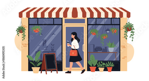 Elegant woman walks past a modern storefront holding a coffee cup, illustrating a busy yet stylish day in the city.