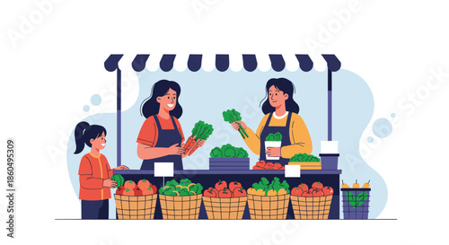 Two women sell fresh vegetables at a market stall while a young girl looks at the produce, showcasing a local market.