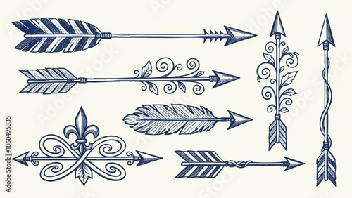 Hand drawn vintage style ornamental arrows with floral and feather details in blue ink sketch featuring various pointed arrowheads and decorative shafts in horizontal arrangement