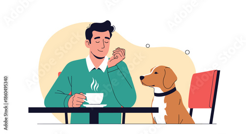 Peaceful man enjoys his morning coffee at a table while his loyal dog sits beside him in a warm, cozy setting.