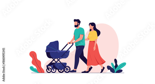Happy couple walks together pushing a baby stroller, illustrating a peaceful family outing in a scenic environment.