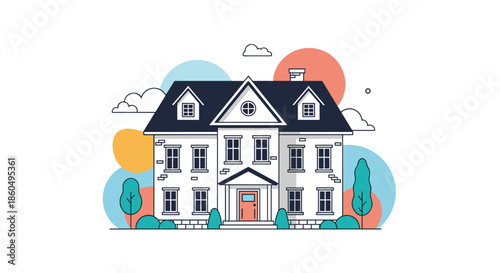 Large two-story residential house design with white walls, blue roof, multiple windows, and decorative landscaping around the building.