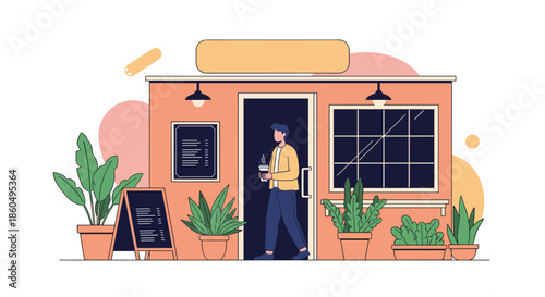 Young man holding a cup of coffee walks out of a modern cafe entrance decorated with many potted green plants and menu boards.