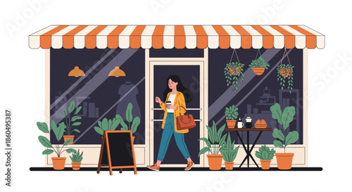 Stylish woman carrying a handbag and coffee cup walks out of a charming cafe storefront with striped awning and many potted plants.