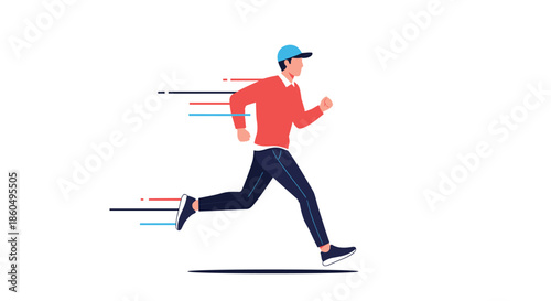 Man in a red sweater and blue cap running fast with speed lines indicating rapid motion on a white background.
