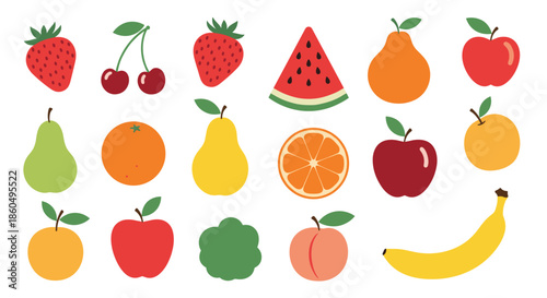 Set of various colorful whole and sliced fruits including apples, pears, strawberries, watermelon, and a banana on white.