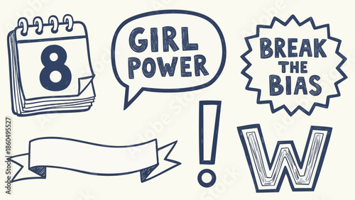 Hand drawn minimalist icon set including calendar page eight, girl power speech bubble, break the bias starburst, blank ribbon banner, exclamation mark, and decorative letter w outline
