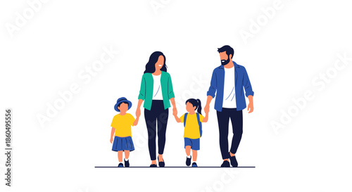 Happy family with two young daughters walking together hand in hand while wearing casual clothes and smiling on a plain white background.