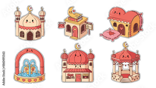 Colorful flat design icons of various traditional mosque buildings with detailed domes, minarets, archways, and decorated windows in cartoon style with warm soft lighting and front view angle