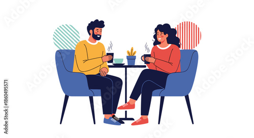 Young man and woman sitting at a small cafe table across from each other while enjoying hot drinks and having a friendly morning conversation.