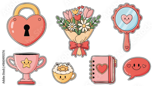 Cute pastel pink love heart padlock bouquet flowers hand mirror smiling speech bubble star trophy cozy cup of tea notebook with heart cover charming romantic themed collection vector art