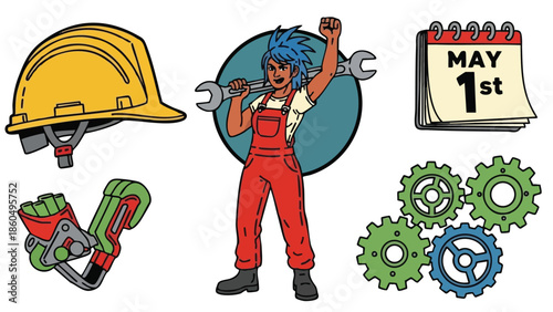 Colorful vector art of a confident female mechanic holding a wrench, wearing red coveralls and blue hair, with construction elements and a May 1st calendar illustration