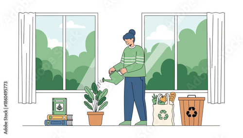 Person watering houseplant in bright room embracing sustainable living