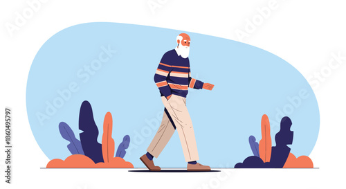 Senior man with a long white beard and a striped sweater walking confidently across a landscape with stylized plants and blue sky.