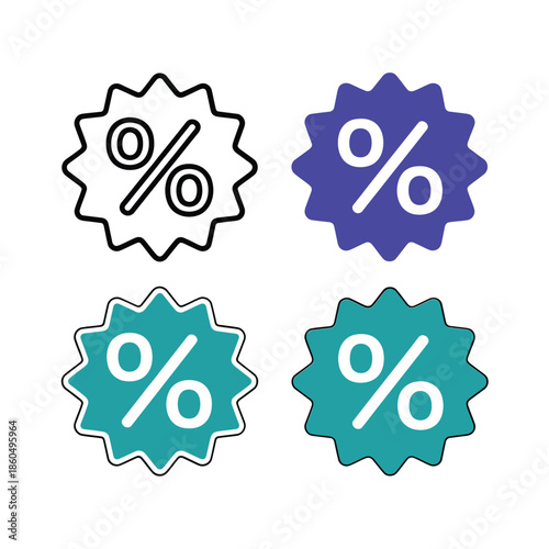 Four percent sign starburst icons in varying color schemes
