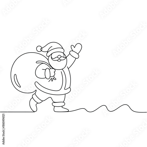 Santa claus with a large gift bag in a single line drawing