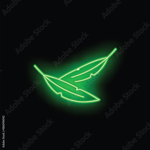 Green neon sign representing two feathers glowing on a black background