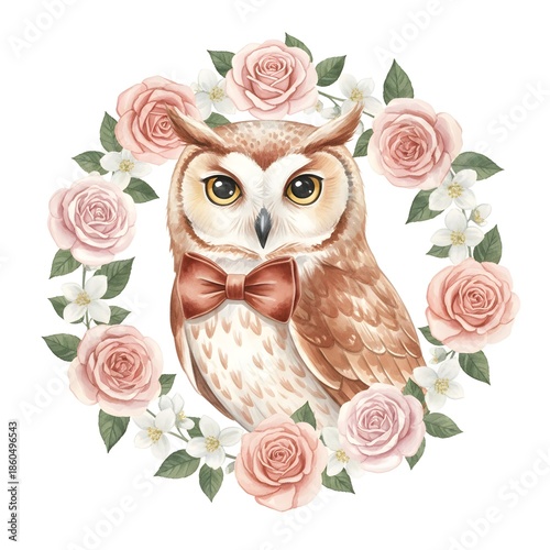 Elegant Watercolor Owl with Velvet Bow Tie and Garden Roses, Terracotta and Blush Illustration