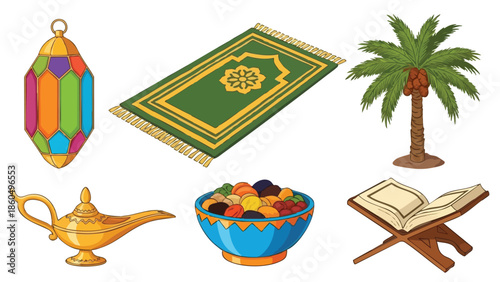 Colorful flat design ramadan lantern, green prayer rug with golden patterns, date palm tree, golden magic lamp, bowl of dried dates, and open holy quran on wooden stand vector icons set