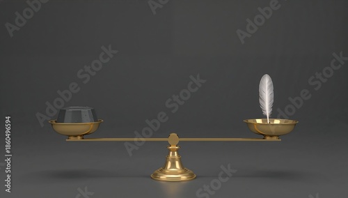 Feather and weight balancing on a golden scale concept