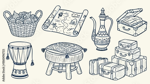 Hand drawn vintage travel and exploration items collection including old map, traditional coffee pot, drum, suitcase stack, basket with fruits, wooden stool and suitcase set