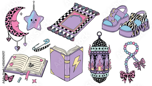 Colorful flat design mystical astrology symbols featuring crescent moon with stars, open spell book, magical lantern, beaded necklace with bow, and stylish sandals top view illustration