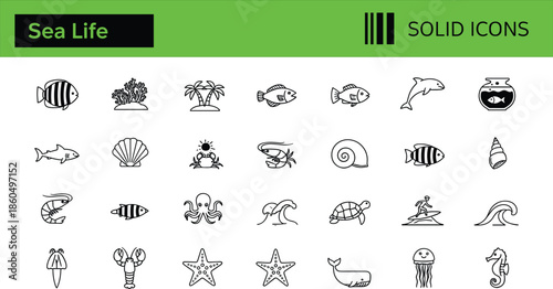 Comprehensive Marine Life Icon Set Featuring Tropical Fish Shark Dolphin Sea Turtle Octopus Coral Reef and Nautical Ocean Symbols Linear Illustration