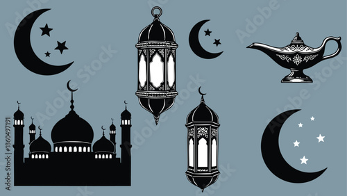 Silhouette mosque with crescent moons, traditional islamic lanterns, and magic lamp icon set in flat design style on blue background