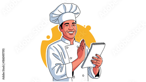 Happy young Asian chef in a professional white uniform and toque smiling while holding a notepad for taking orders or creating new recipes.