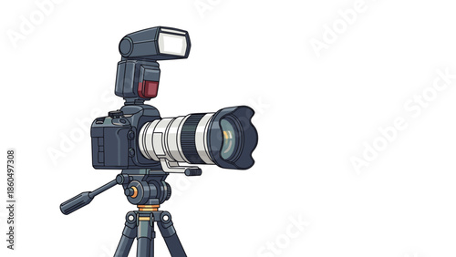 Professional DSLR camera with a large telephoto lens and an external flash unit mounted on a sturdy tripod for studio or outdoor photography.
