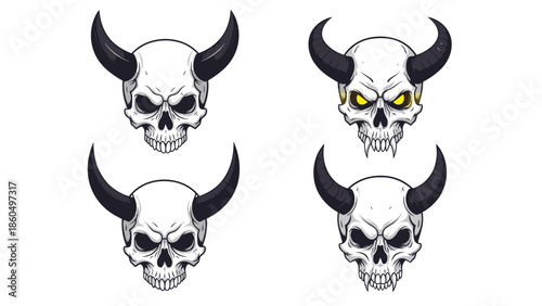 Set of four evil demon skulls with large black horns, featuring sharp fangs and glowing yellow eyes for a menacing horror design.