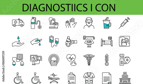 Comprehensive Medical and Healthcare Icon Set Featuring Ambulance Hospital Building Syringe Stethoscope Ultrasound and Professional Medical Equipment Linear Vector Illustration