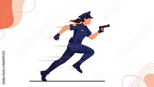 Female police officer in full uniform running with a pistol in hand, representing action, emergency response, and law enforcement.