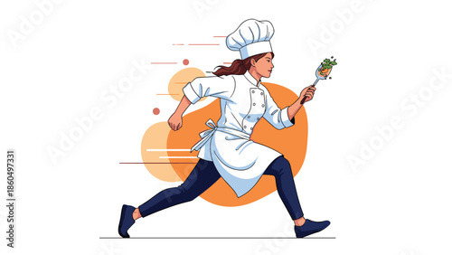 Energetic female chef in a professional uniform running with a spatula of fresh ingredients, symbolizing fast cooking and food delivery.