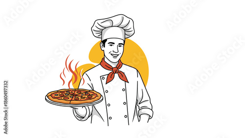 Smiling male pizza chef in a traditional uniform proudly presenting a freshly baked, steaming hot pepperoni pizza on a tray.
