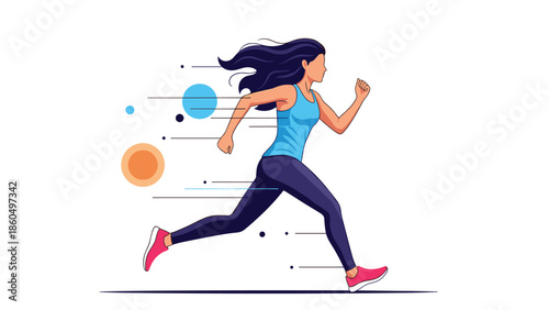 Athletic young woman with long dark hair running or jogging, illustrating a healthy and active lifestyle with modern graphic elements.
