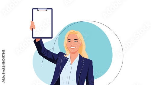 Smiling blonde businesswoman in a suit, holding up a blank clipboard with space for text, presenting a contract, report, or results.